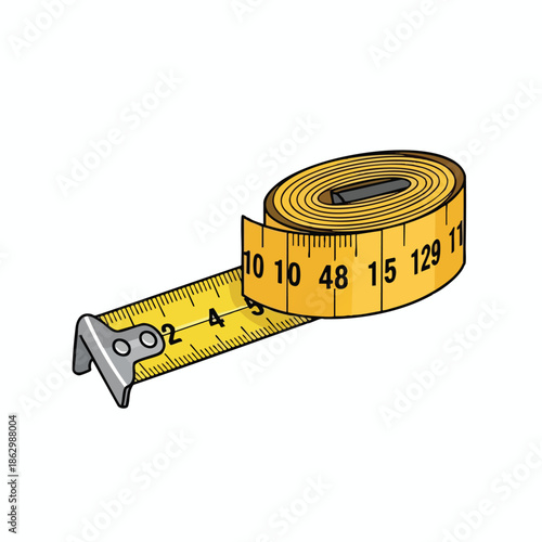 A yellow measuring tape, partially unrolled, with numbers and a metal end