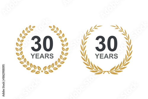 30th anniversary laurel wreath. 30 years anniversary floral laurel wreath. 30th Anniversary icon or logo with laurel wreath. 30 years celebration label