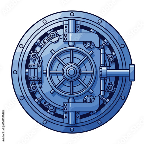 A blue, cartoon-style bank vault door with a central wheel and mechanical parts