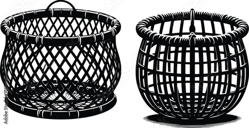 A detailed illustration of a traditional woven bamboo basket with a handle