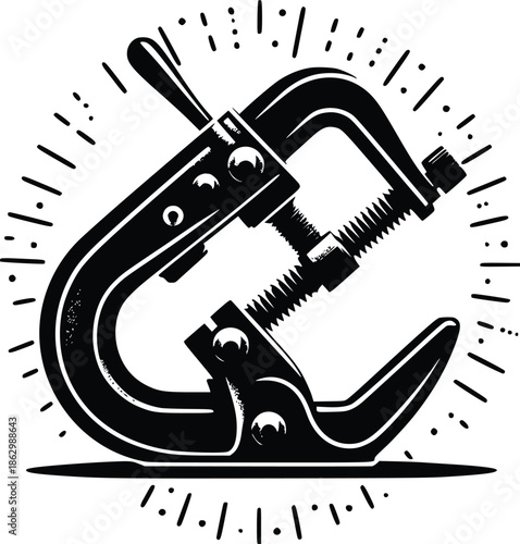 A detailed illustration of a c clamp tool with a decorative design