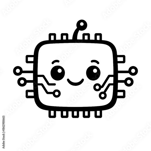 Cartoon AI processor icon with rounded design in black flat vector style. Clean technology symbol for artificial intelligence software and interfaces.
