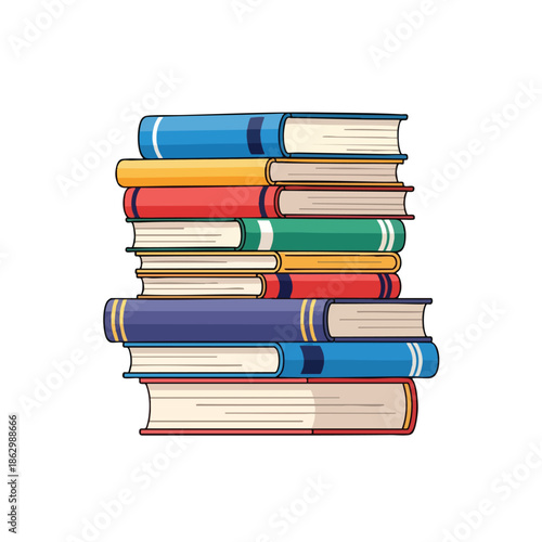 A stack of illustrated books with various colored covers, white background
