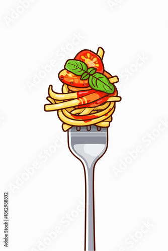 Appetizing pasta with fresh tomato sauce wrapped around a fork is ready for tasting.