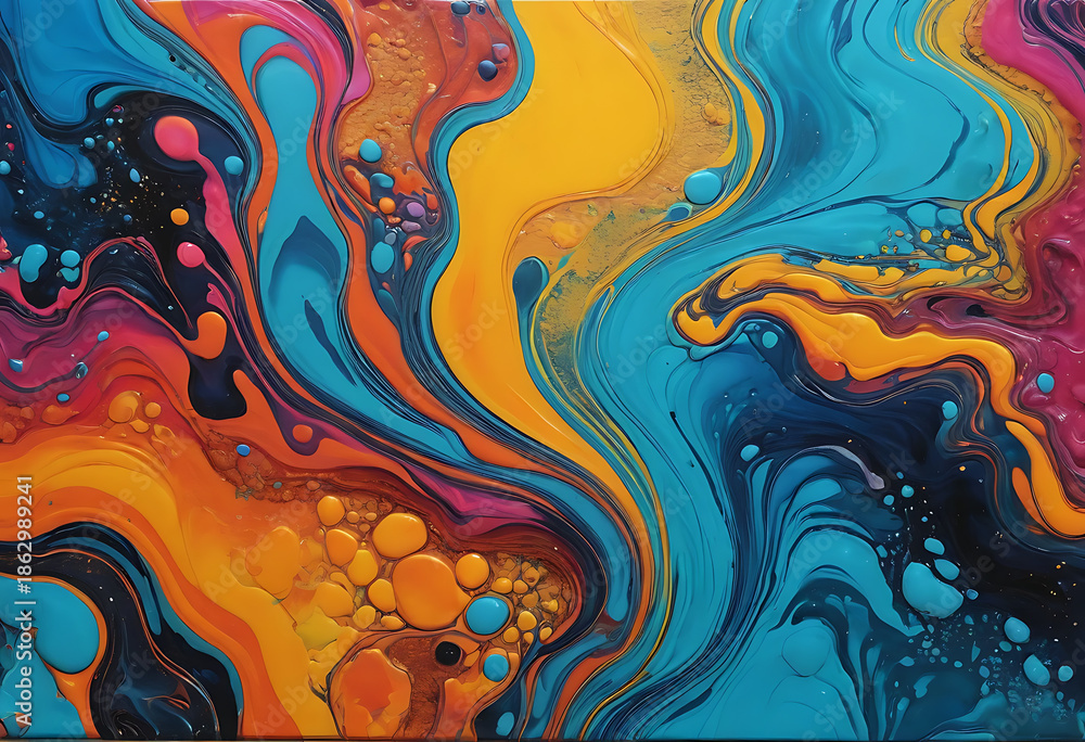 Obraz premium Colorful fluid with swirling patterns and bubbles fluid abstract paint