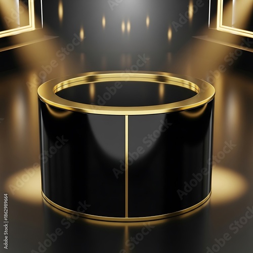 Elegant Black and Gold Cylinder Podium for Product Display.