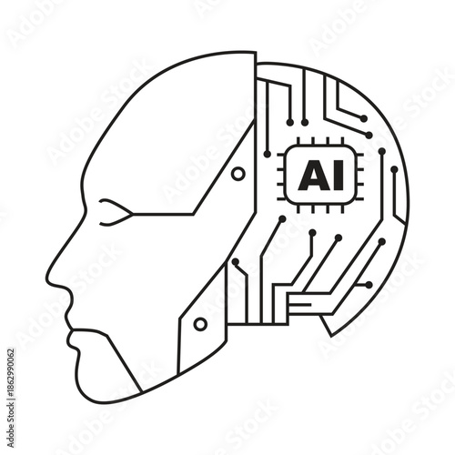 AI Technology Line Art Human Head with Circuit Board Brain Icon