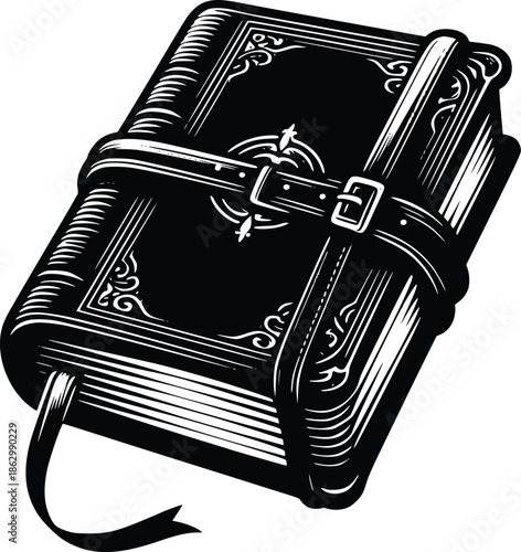 An old leather bound book with a decorative buckle and ribbon bookmark