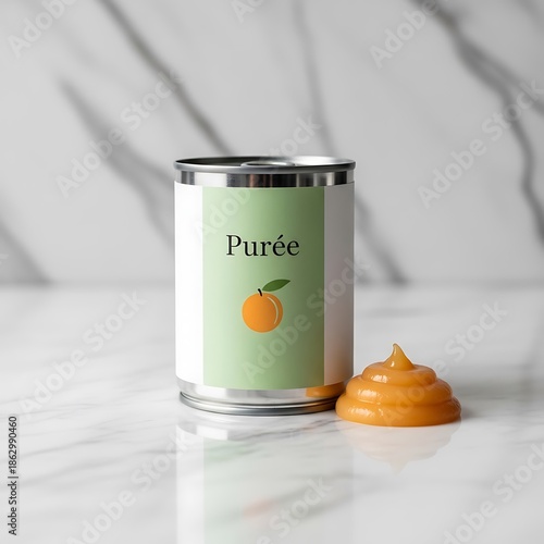 Canned Peach Puree on Marble Surface with Sample.