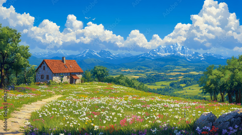 Obraz premium Idyllic stone cottage nestled in vibrant wildflower meadow with winding path leading up to it, under bright blue sky with impressive snow-capped mountains in background, painted in expressive style