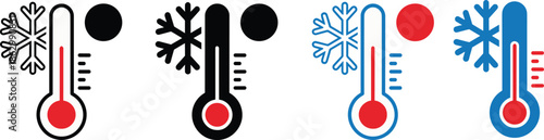 Minimal temperature icon set showing cold and hot thermometer symbols, weather and climate indicators, flat vector illustration isolated on white