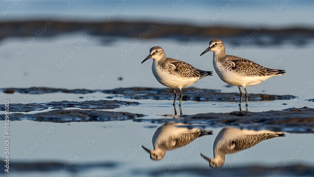 Obraz premium Peaceful Shoreline Scene Featuring Two Ducks with Reflections Marine Endangered Species Photos