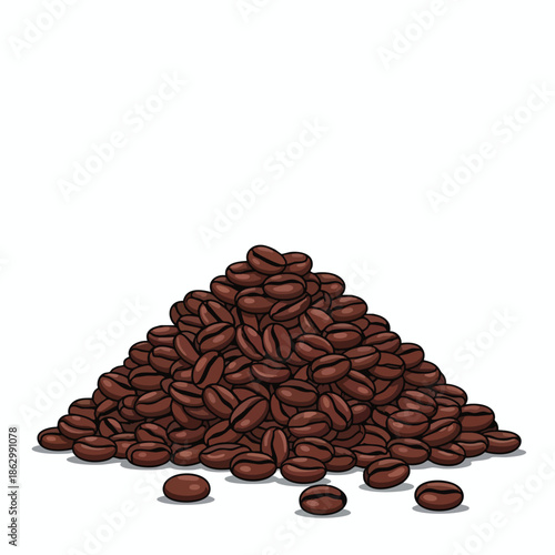 Illustration of a pile of roasted coffee beans with slight highlights on a white background