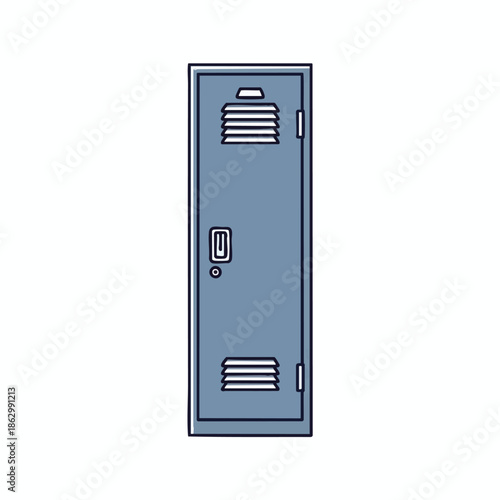 Cartoon image of a steel blue locker with vents, door handle, and hinge