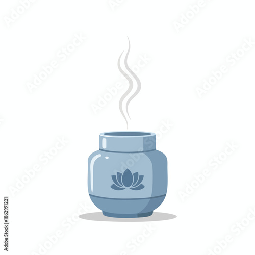 A light blue jar with a lotus design, emitting smoke on a white background