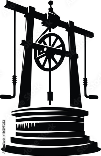 Vintage well structure with a wooden frame and pulley system illustration