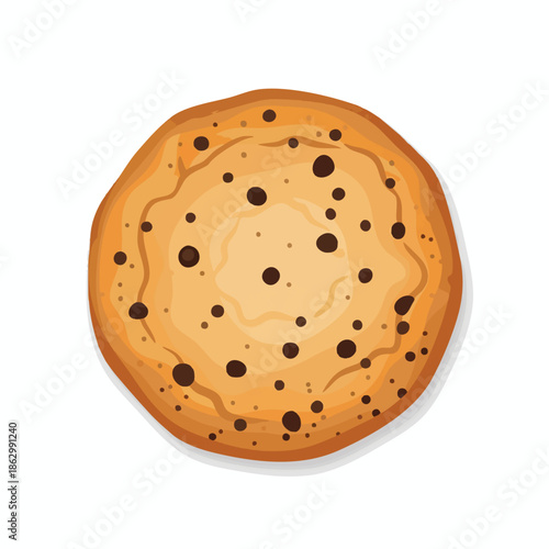 A circular cookie with chocolate chips on a white background, top view