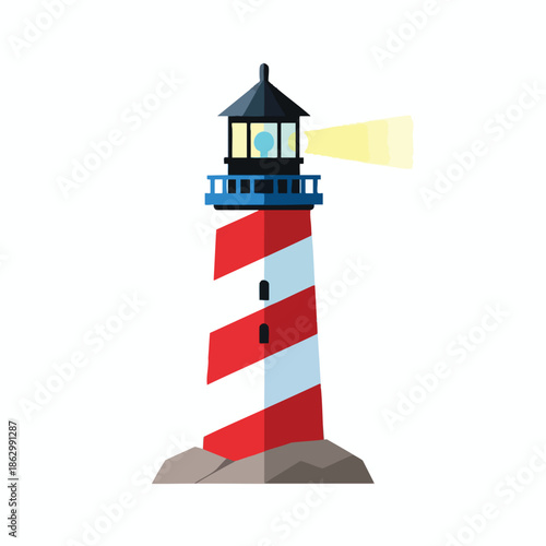A stylized lighthouse with red and white stripes and a beacon on a rocky base