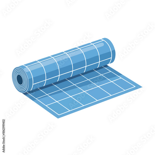 A rolled-up blue paper with grid, partially unrolled on a white surface
