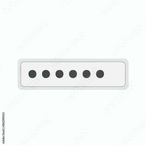 A gray oblong containing six evenly spaced black circles on a white background