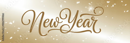 Golden New Year text with falling confetti and sparkles lettering calligraphy