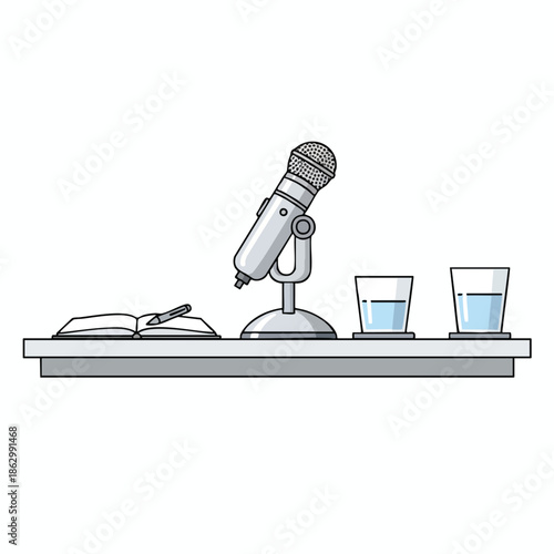 Illustration of a silver microphone, open book, glasses of water, and a pen on a desk