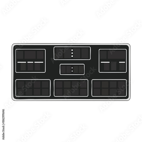 A rectangular, black scoreboard illustration with boxes and time displays
