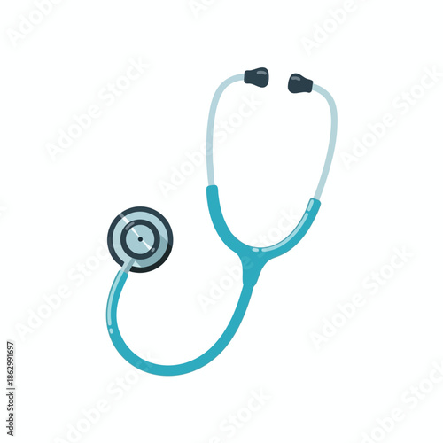 A cyan-blue stethoscope, a medical tool, on a white background