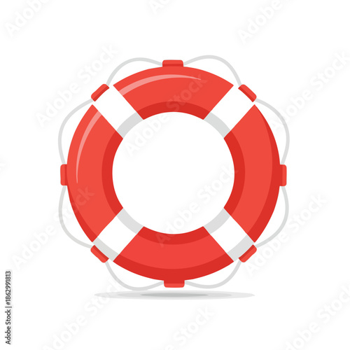 A red and white circular life preserver with rope handles, casting a soft shadow