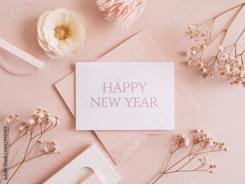 Flat lay of a white card with Happy New Year text surrounded by pastel pink flowers and envelopes