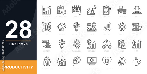 Productivity Line Icon set. Containing Productivity, Project Management, Working, Workplace, Growth, Multitasking