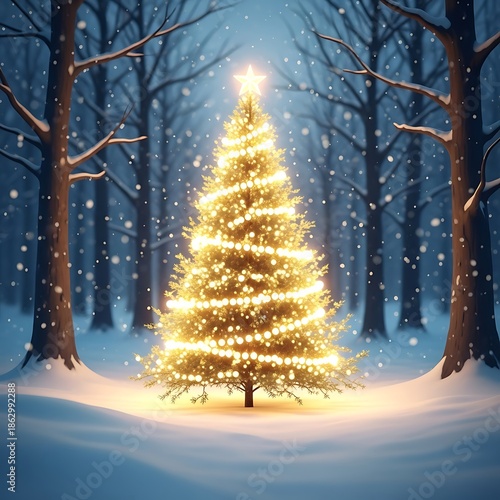 Christmas Tree in Winter Forest - A Festive Holiday Scene.