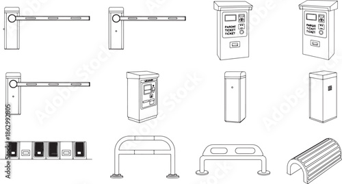 An architectural line drawing showing a variety of infrastructure elements, including parking meters, security barriers and street furniture, captured in a clean and illustrative style.