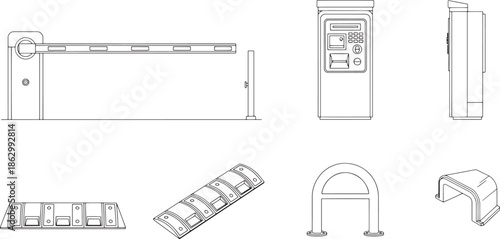 A collection of meticulously detailed line drawing showcasing various elements of parking infrastructure. It is conveying the precision and functional nature.