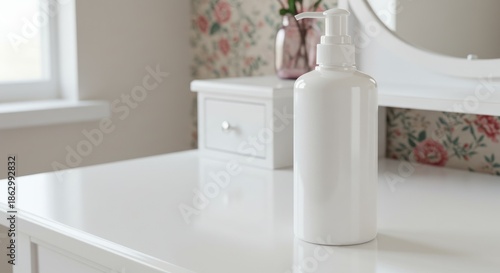 White Plastic Pump Bottle on White Dresser in Bright Bedroom with Floral Wallpaper and Mirror