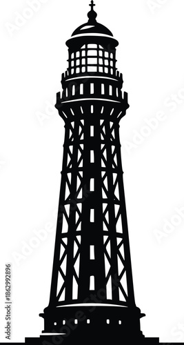 A striking black and white illustration of a tall classic lighthouse structure