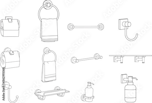 An assortment of bathroom fixtures, rendered in a detailed and clean line art, showcasing a variety of elegant and practical accessories.