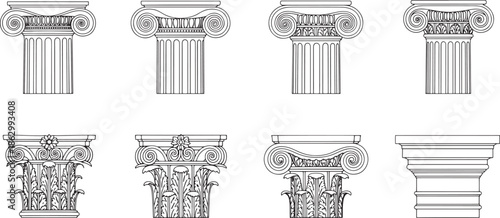 An elegant presentation showcasing the refined beauty of classical architecture, featuring an array of exquisitely detailed pillar capitals, rendered in a striking monochrome.