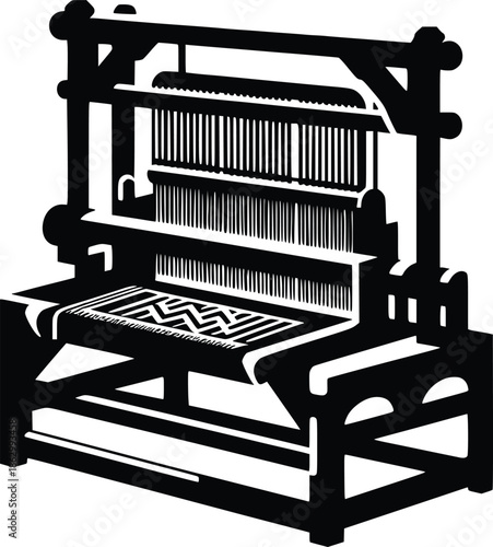 Vintage black and white illustration of an antique weaving loom machine