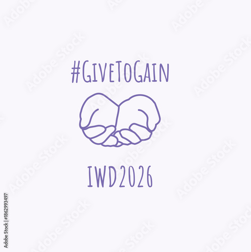 Give to gain banner. Womens day 2026 poster. Palms. text. Minimalistic card for web design. Vector illustration