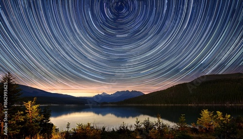 Nighttime Landscape With Star Trails Over Mountains And A Serene Lake