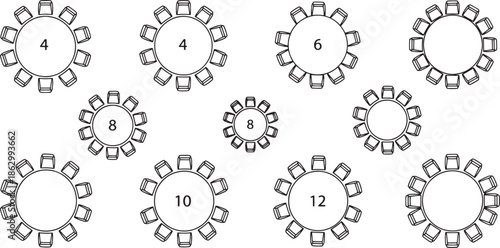 A detailed diagram presents the seating arrangement of various circular tables, each accommodating a specific number of guests, designed for seamless event planning and efficient space management.