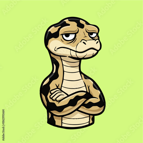 Grumpy cartoon python character with arms crossed illustration