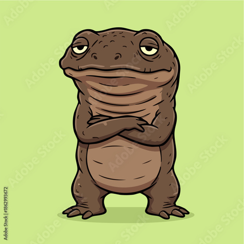 Funny displeased cartoon frog standing with arms folded