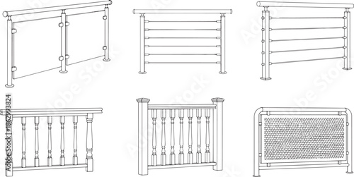 Architectural renderings of various staircase railings. Featuring six different designs. Lines meticulously crafted and showcased on a pristine background. 