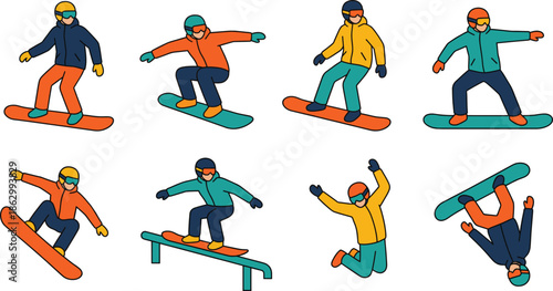 Snowboarder action illustration set showing winter extreme sports tricks, colorful flat vector characters isolated on white background, clean modern style