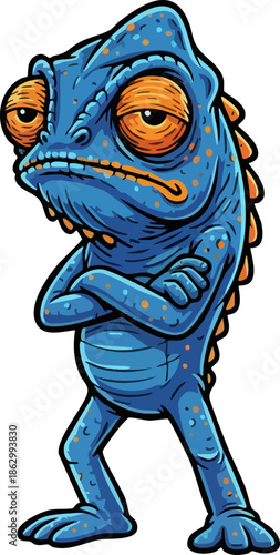 Grumpy Blue Cartoon Chameleon Standing Arms Crossed Vector Graphic