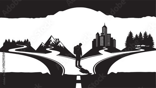 Man Standing at Crossroad Choosing Between City Life and Mountain Adventure