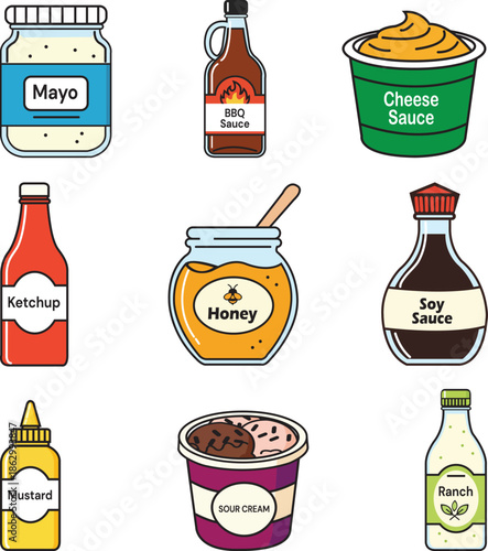 Assorted Condiments Collection: Mayonnaise, BBQ Sauce, Cheese Sauce, Ketchup, Honey, Soy Sauce, Mustard, Sour Cream, Ranch