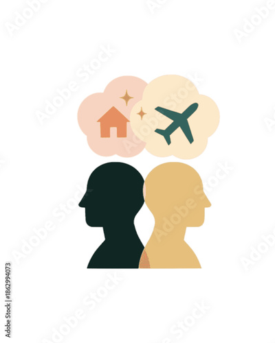 Contrasting desires: exploring the choice between home and global adventures isolated on white background